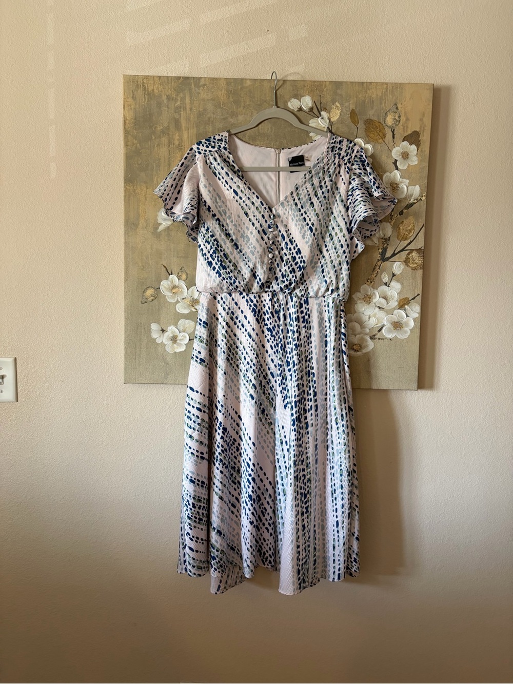 Maison Tara Pink and Blue Printed V-Neck Midi Dress